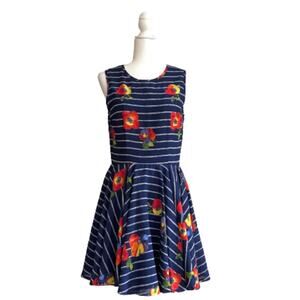 Maison Jules Dress Blue Red Floral Striped Sleeveless Skater Fit & Flare Medium